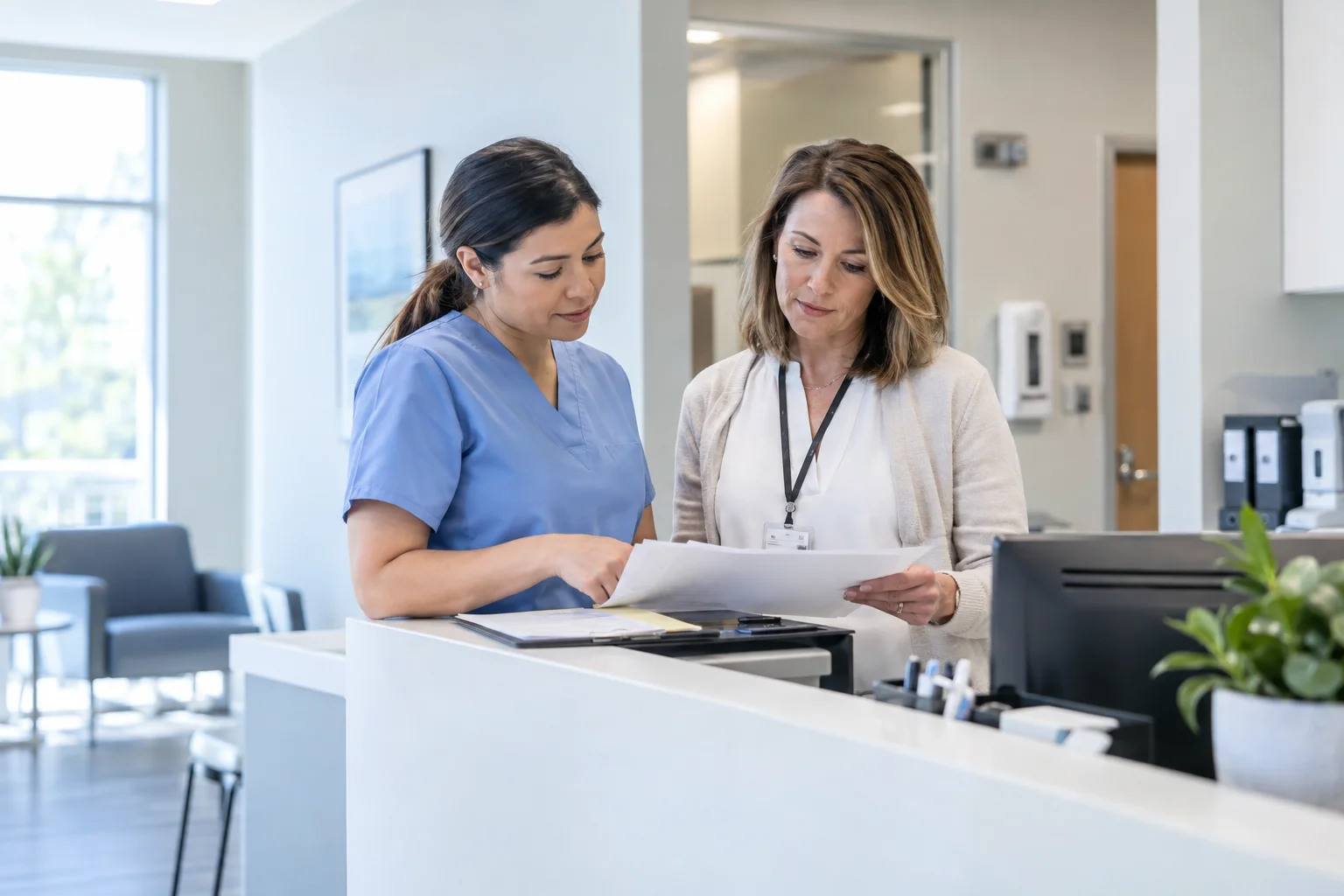 scene of healthcare administrators reviewing paperwork at a clinic reception